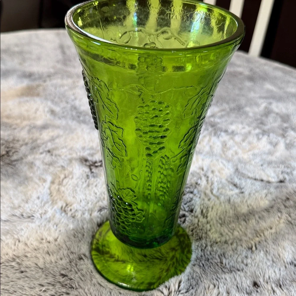 Vintage Indiana Glass Green Glass Footed Vase Colony‎ Harvest Pattern Tall
